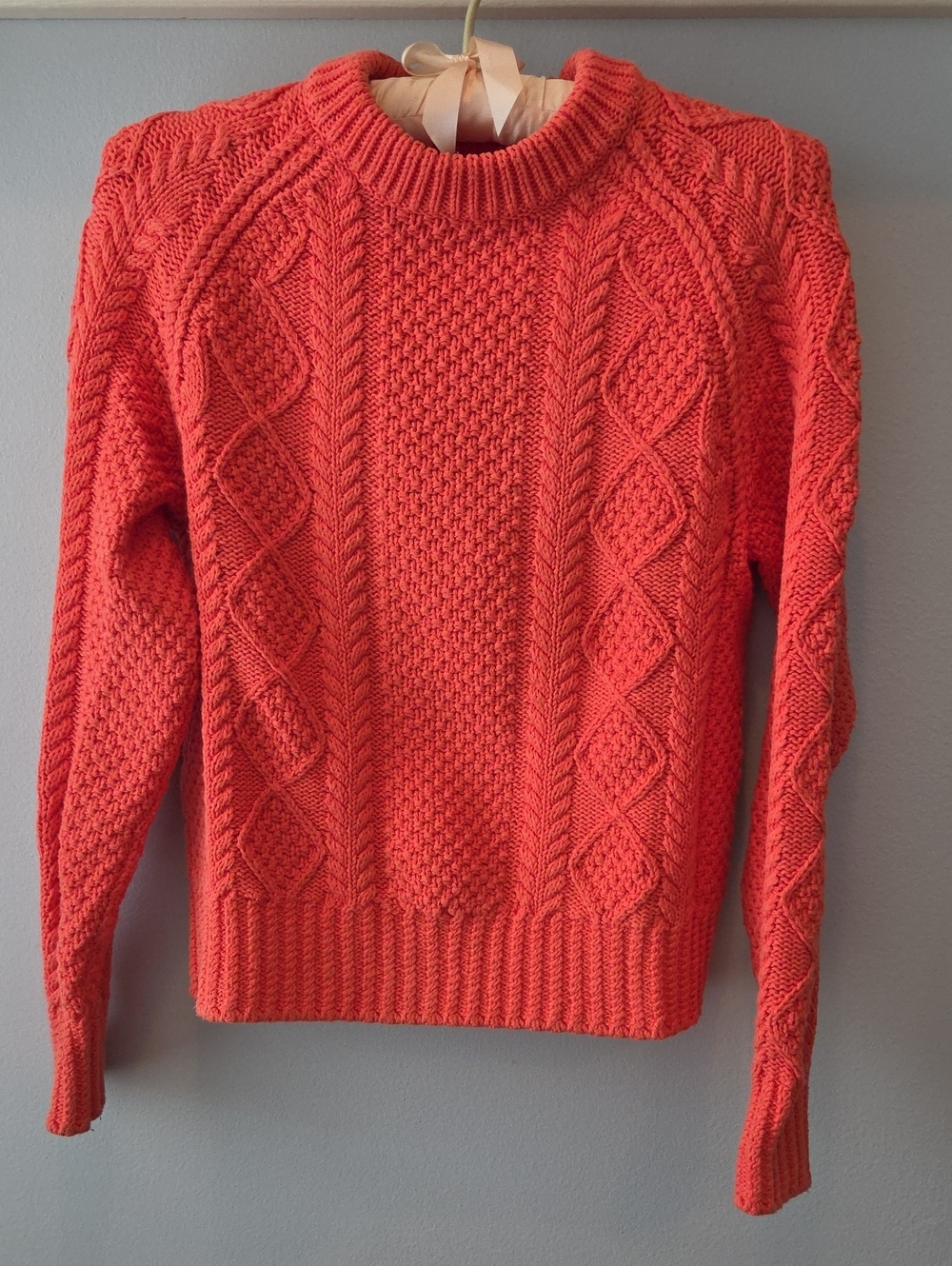 LL Bean Signature Cropped Cable Knit Crewneck Sweater Bright Orange Size Small